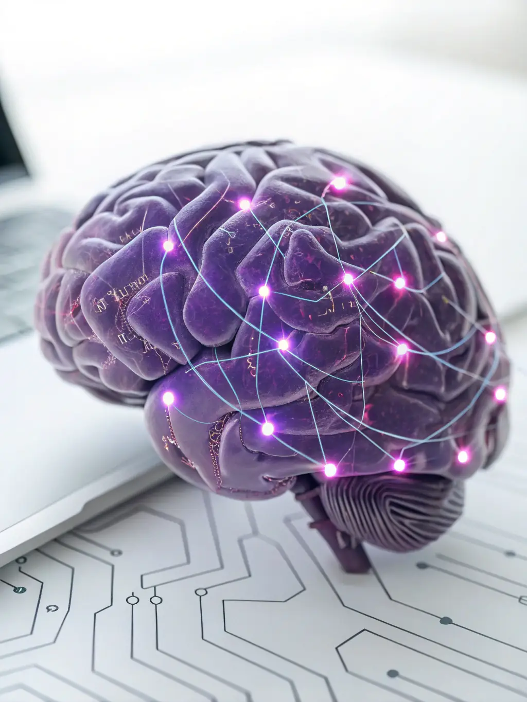 A digital illustration depicting an AI brain generating various creative assets like logos, website layouts, and video scenes, symbolizing AI's role in sparking creativity.